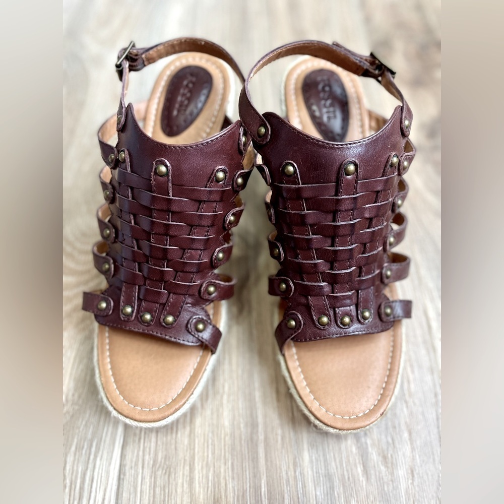 Fossil Women's Cassidy Woven Sand Wedge Sandals Brown Leather Size 9 M EUC